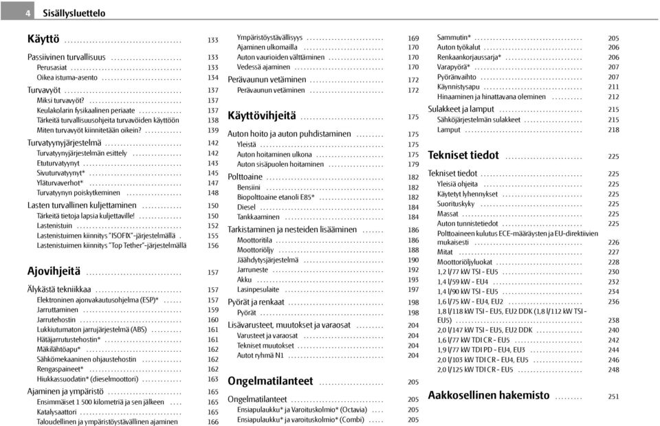 ............. Tärkeitä turvallisuusohjeita turvavöiden käyttöön Miten turvavyöt kiinnitetään oikein?............ Turvatyynyjärjestelmä......................... Turvatyynyjärjestelmän esittely.