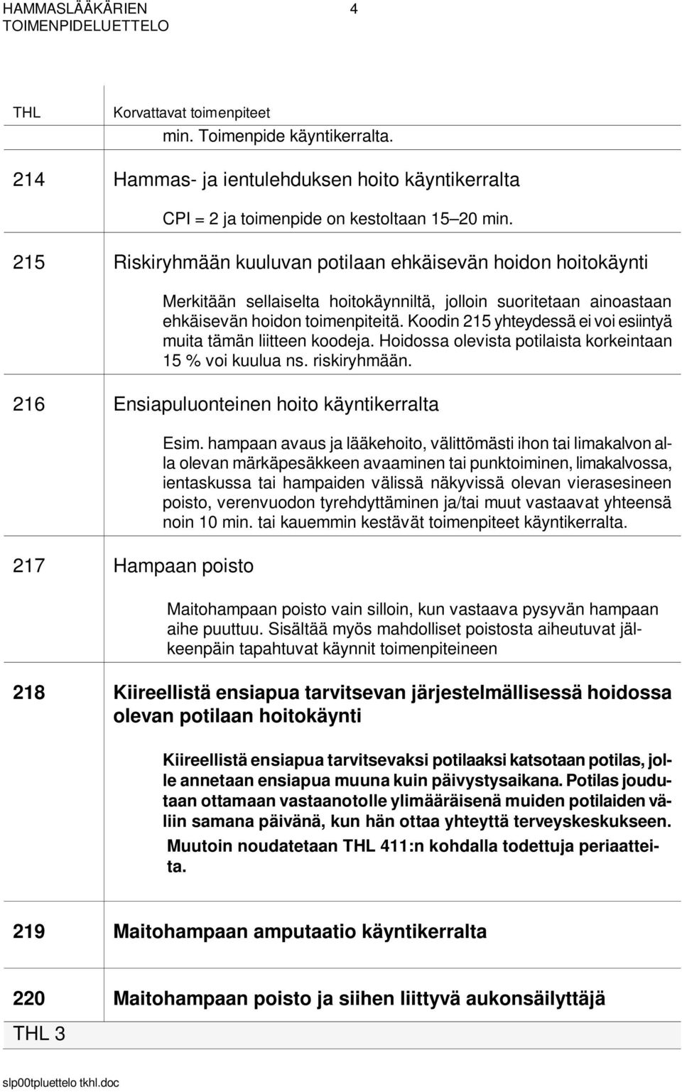 Koodin 215 yhteydessä ei voi esiintyä muita tämän liitteen koodeja. Hoidossa olevista potilaista korkeintaan 15 % voi kuulua ns. riskiryhmään.