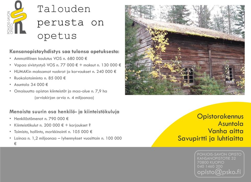 7,9 ha (arviokirjan arvio n. 4 miljoonaa) Menoista suurin osa henkilö- ja kiinteistökuluja Henkilöstömenot n. 790 000 Kiinteistökulut n.