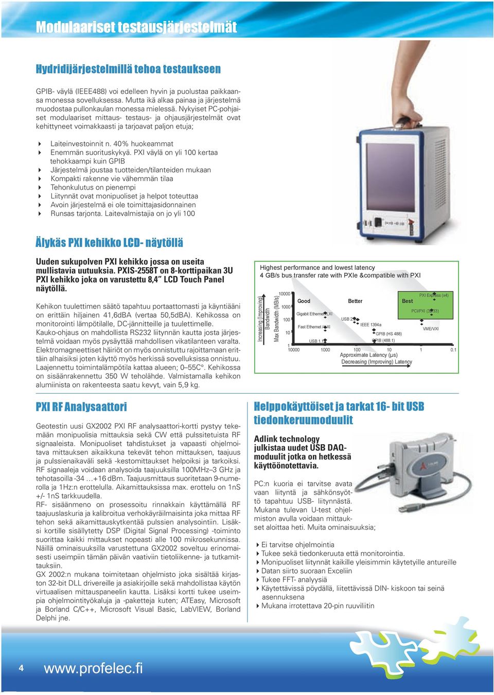 Nykyiset PC-pohjaiset modulaariset mittaus- testaus- ja ohjausjärjestelmät ovat kehittyneet voimakkaasti ja tarjoavat paljon etuja; Laiteinvestoinnit n. 40% huokeammat Enemmän suorituskykyä.