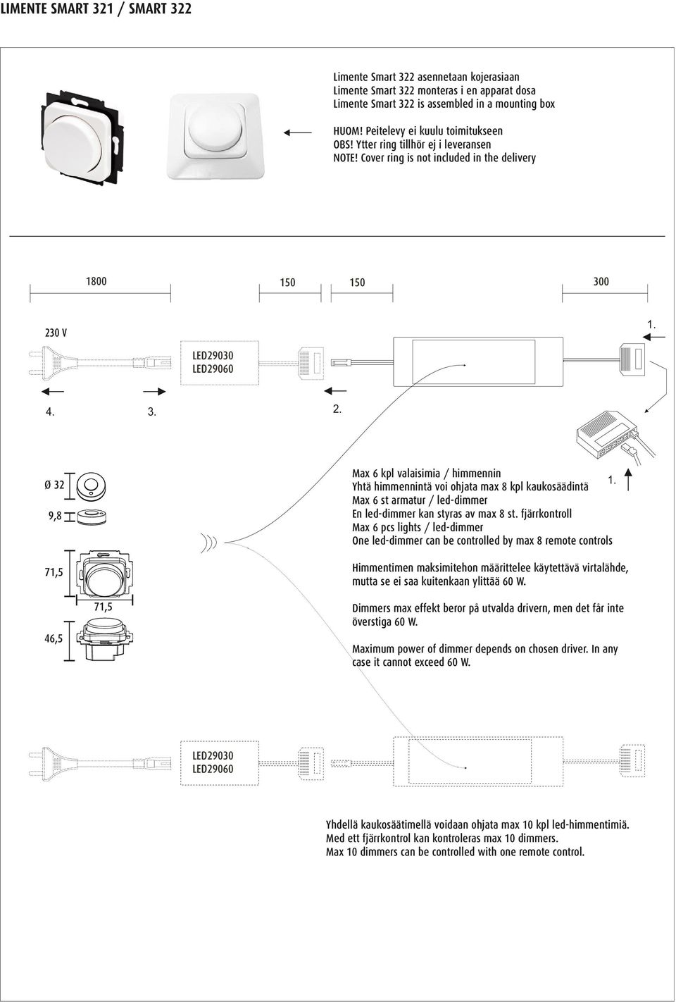 Yhtä himmennintä voi ohjata max 8 kpl kaukosäädintä Max 6 st armatur / led-dimmer En led-dimmer kan styras av max 8 st.