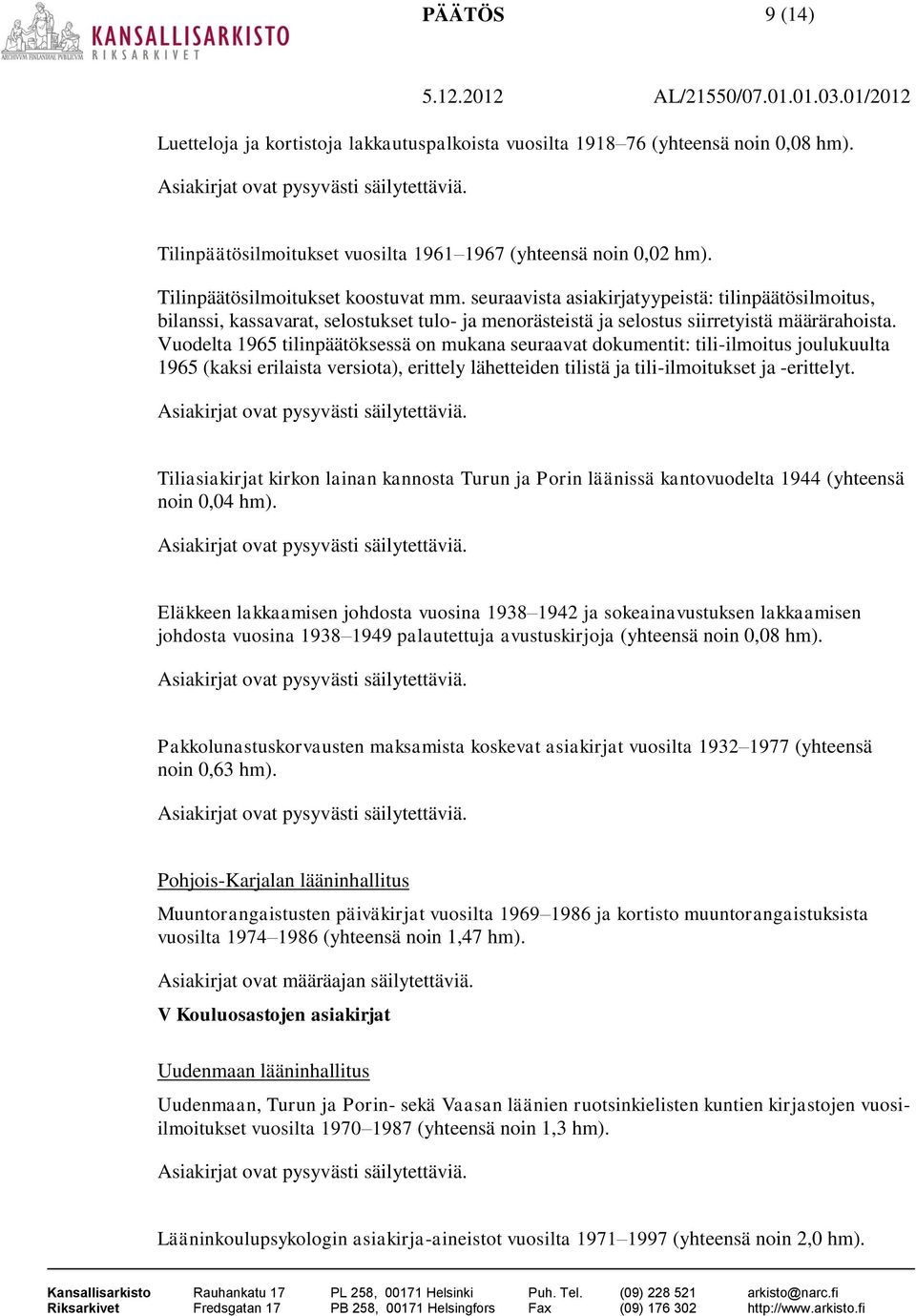 Vuodelta 1965 tilinpäätöksessä on mukana seuraavat dokumentit: tili-ilmoitus joulukuulta 1965 (kaksi erilaista versiota), erittely lähetteiden tilistä ja tili-ilmoitukset ja -erittelyt.