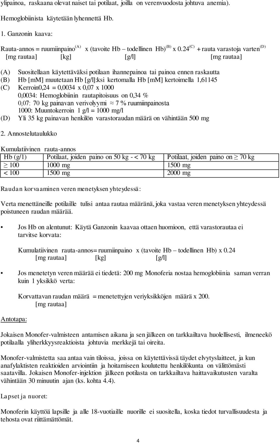 24 (C) + rauta varastoja varten (D) [mg rautaa] [kg] [g/l] [mg rautaa] (A) Suositellaan käytettäväksi potilaan ihannepainoa tai painoa ennen raskautta (B) Hb [mm] muutetaan Hb [g/l]:ksi kertomalla Hb