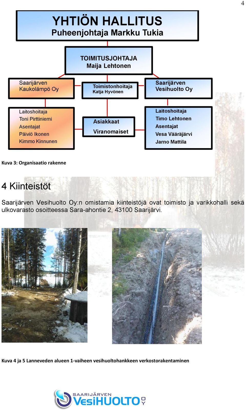 Vesa Vääräjärvi Jarno Mattila Kuva 3: Organisaatio rakenne 4 Kiinteistöt Saarijärven Vesihuolto Oy:n omistamia kiinteistöjä ovat toimisto ja