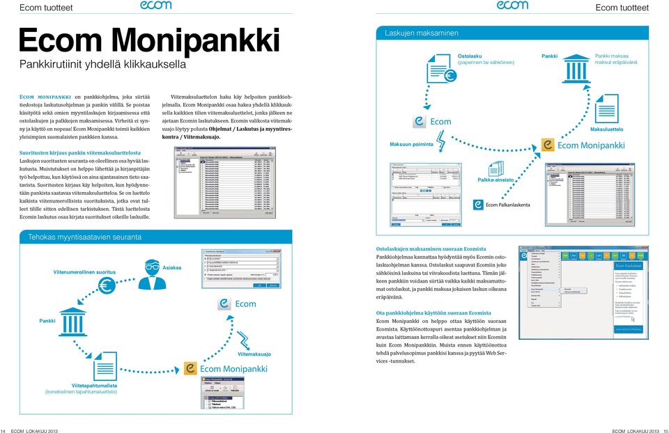 Virheitä ei synny ja käyttö on nopeaa! Ecom Monipankki toimii kaikkien yleisimpien suomalaisten pankkien kanssa.