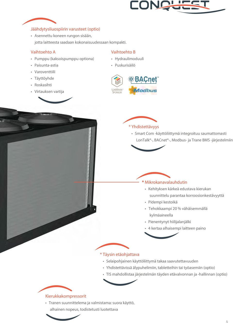 integroituu saumattomasti LonTalk -, BACnet -, Modbus- ja Trane BMS -järjestelmiin * Mikrokanavalauhdutin Kehityksen kärkeä edustava kierukan suunnittelu parantaa korroosionkestävyyttä Pidempi