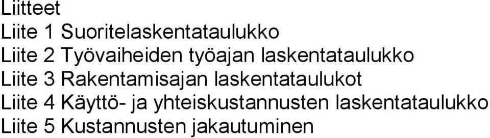 Rakentamisajan laskentataulukot Liite 4 Käyttö- ja