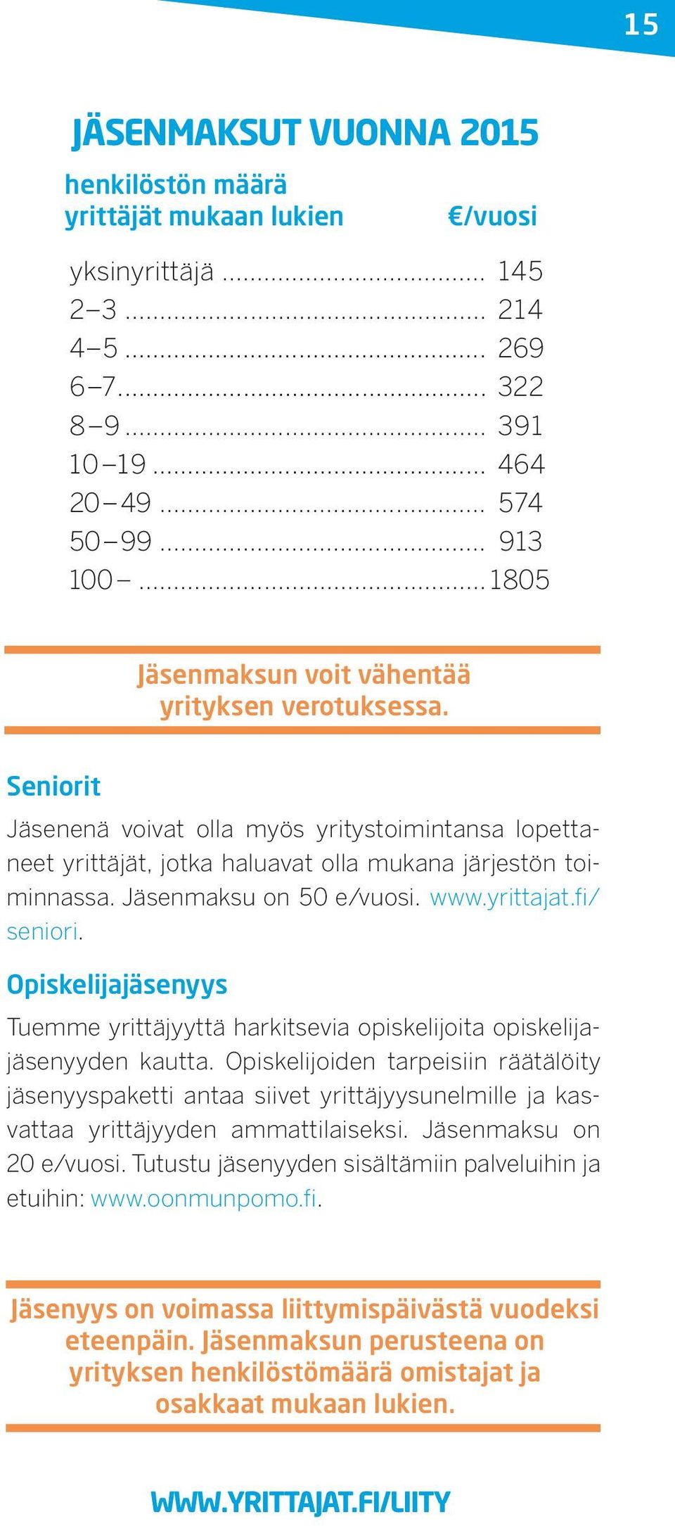 Jäsenmaksu on 50 e/vuosi. www.yrittajat.fi/ seniori. Opiskelijajäsenyys Tuemme yrittäjyyttä harkitsevia opiskelijoita opiskelijajäsenyyden kautta.