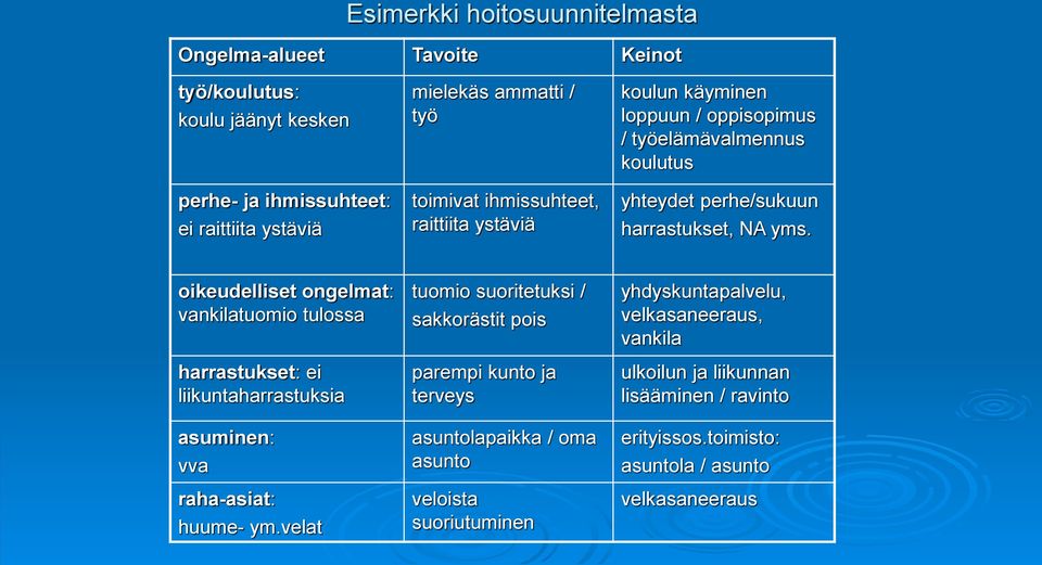 oikeudelliset ongelmat: vankilatuomio tulossa harrastukset: ei liikuntaharrastuksia asuminen: vva raha-asiat: huume- ym.