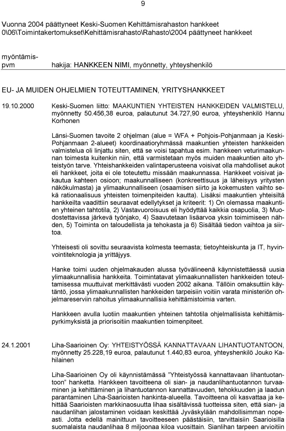 727,90 euroa, yhteyshenkilö Hannu Korhonen Länsi-Suomen tavoite 2 ohjelman (alue = WFA + Pohjois-Pohjanmaan ja Keski- Pohjanmaan 2-alueet) koordinaatioryhmässä maakuntien yhteisten hankkeiden