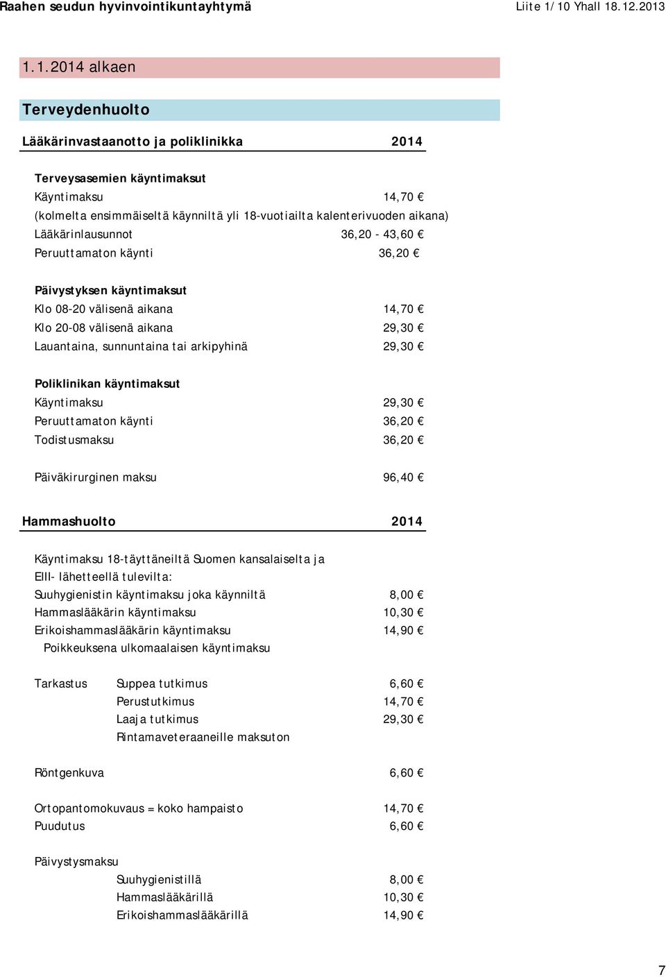 Poliklinikan käyntimaksut Käyntimaksu 29,30 Peruuttamaton käynti 36,20 Todistusmaksu 36,20 Päiväkirurginen maksu 96,40 Hammashuolto Käyntimaksu 18-täyttäneiltä Suomen kansalaiselta ja EIII-