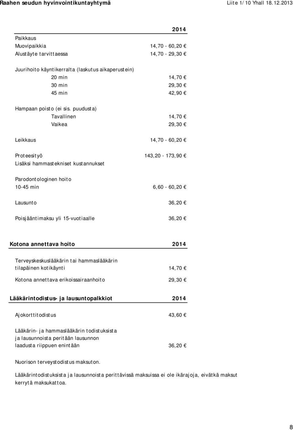 yli 15-vuotiaalle 36,20 Kotona annettava hoito Terveyskeskuslääkärin tai hammaslääkärin tilapäinen kotikäynti Kotona annettava erikoissairaanhoito 14,70 29,30 Lääkärintodistus- ja lausuntopalkkiot