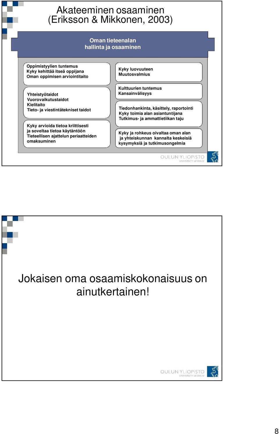 periaatteiden omaksuminen Kyky luovuuteen Muutosvalmius Kulttuurien tuntemus Kansainvälisyys Tiedonhankinta, käsittely, raportointi Kyky toimia alan asiantuntijana