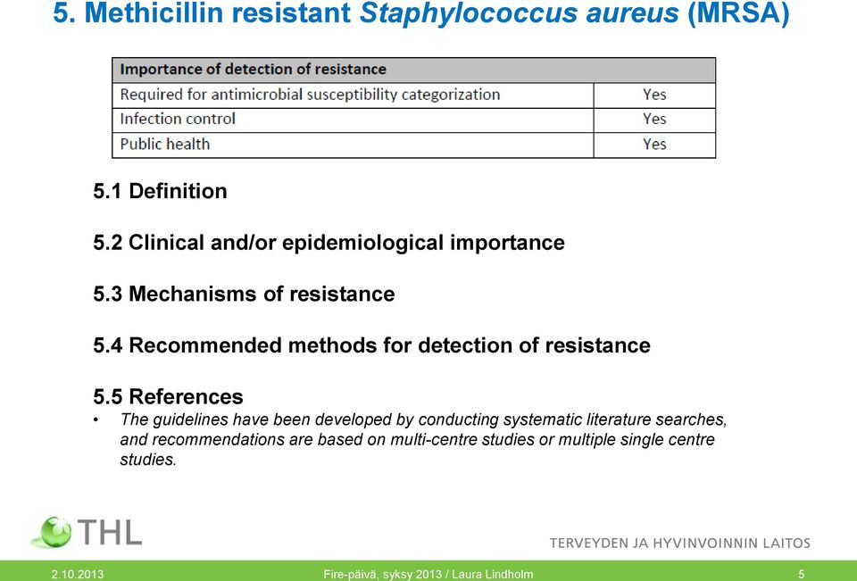 4 Recommended methods for detection of resistance 5.