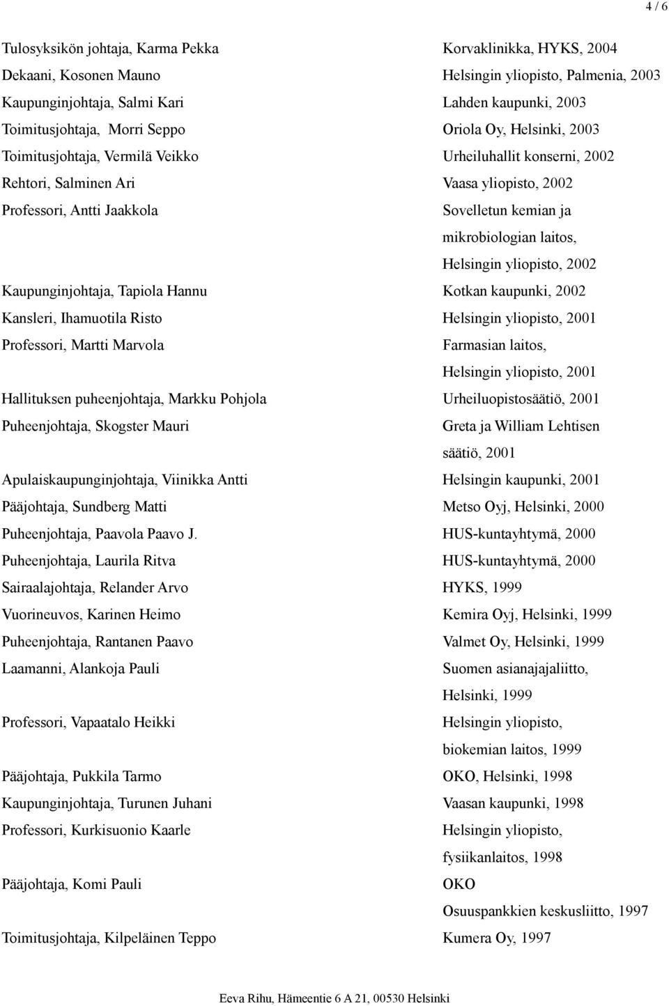 laitos, Helsingin yliopisto, 2002 Kaupunginjohtaja, Tapiola Hannu Kotkan kaupunki, 2002 Kansleri, Ihamuotila Risto Helsingin yliopisto, 2001 Professori, Martti Marvola Farmasian laitos, Helsingin