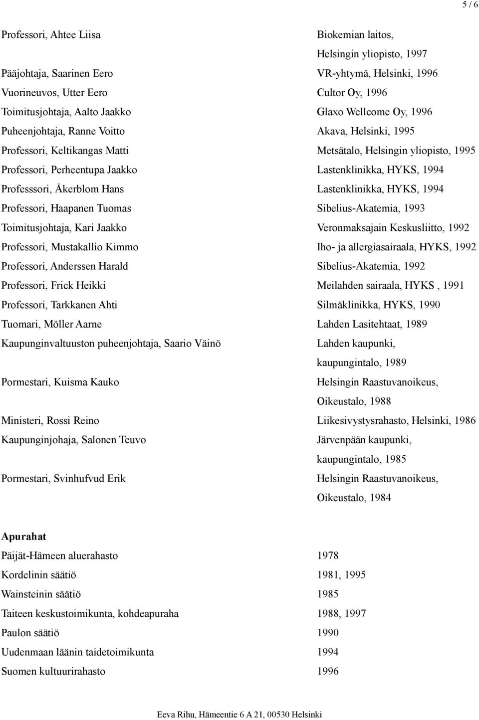 Professsori, Åkerblom Hans Lastenklinikka, HYKS, 1994 Professori, Haapanen Tuomas Sibelius-Akatemia, 1993 Toimitusjohtaja, Kari Jaakko Veronmaksajain Keskusliitto, 1992 Professori, Mustakallio Kimmo