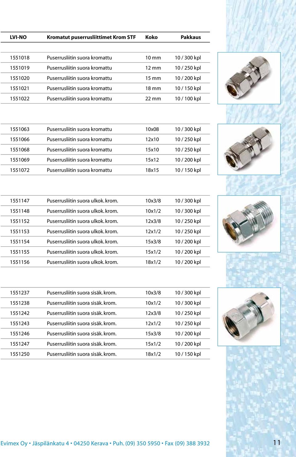 1551066 Puserrusliitin suora kromattu 12x10 10 / 250 kpl 1551068 Puserrusliitin suora kromattu 15x10 10 / 250 kpl 1551069 Puserrusliitin suora kromattu 15x12 10 / 200 kpl 1551072 Puserrusliitin suora