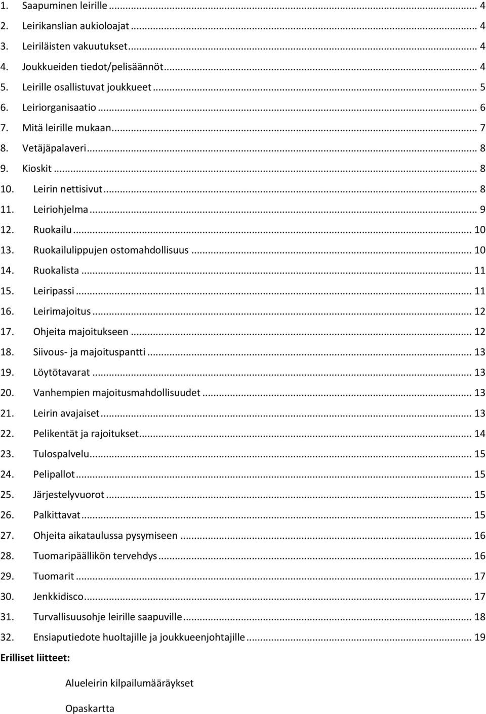 Leiripassi... 11 16. Leirimajoitus... 12 17. Ohjeita majoitukseen... 12 18. Siivous- ja majoituspantti... 13 19. Löytötavarat... 13 20. Vanhempien majoitusmahdollisuudet... 13 21. Leirin avajaiset.