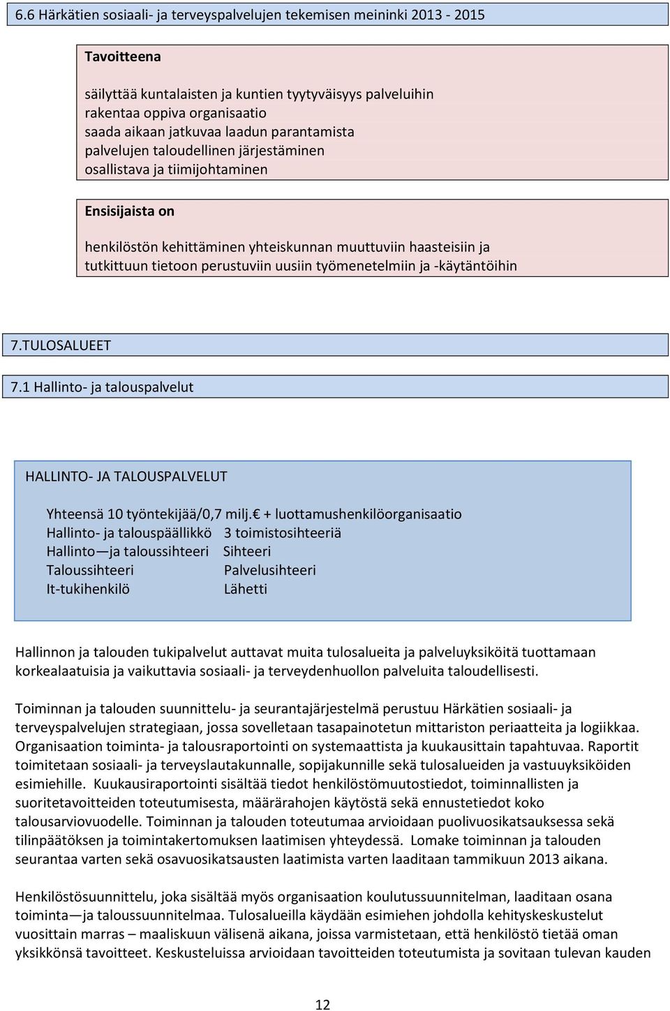 perustuviin uusiin työmenetelmiin ja -käytäntöihin 7.TULOSALUEET 7.1 Hallinto- ja talouspalvelut HALLINTO- JA TALOUSPALVELUT Yhteensä 10 työntekijää/0,7 milj.