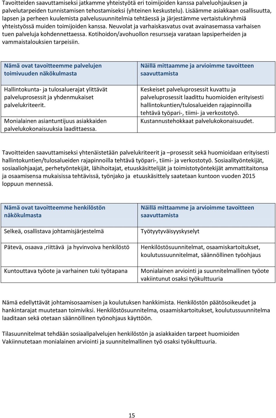 Neuvolat ja varhaiskasvatus ovat avainasemassa varhaisen tuen palveluja kohdennettaessa. Kotihoidon/avohuollon resursseja varataan lapsiperheiden ja vammaistalouksien tarpeisiin.