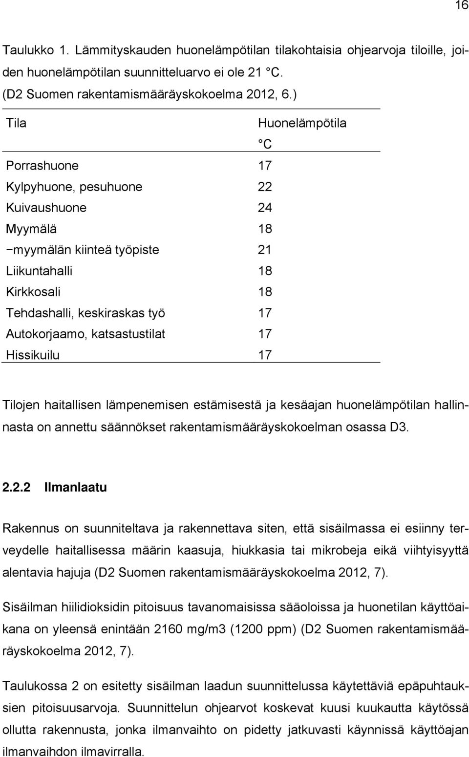 katsastustilat 17 Hissikuilu 17 Tilojen haitallisen lämpenemisen estämisestä ja kesäajan huonelämpötilan hallinnasta on annettu säännökset rakentamismääräyskokoelman osassa D3. 2.