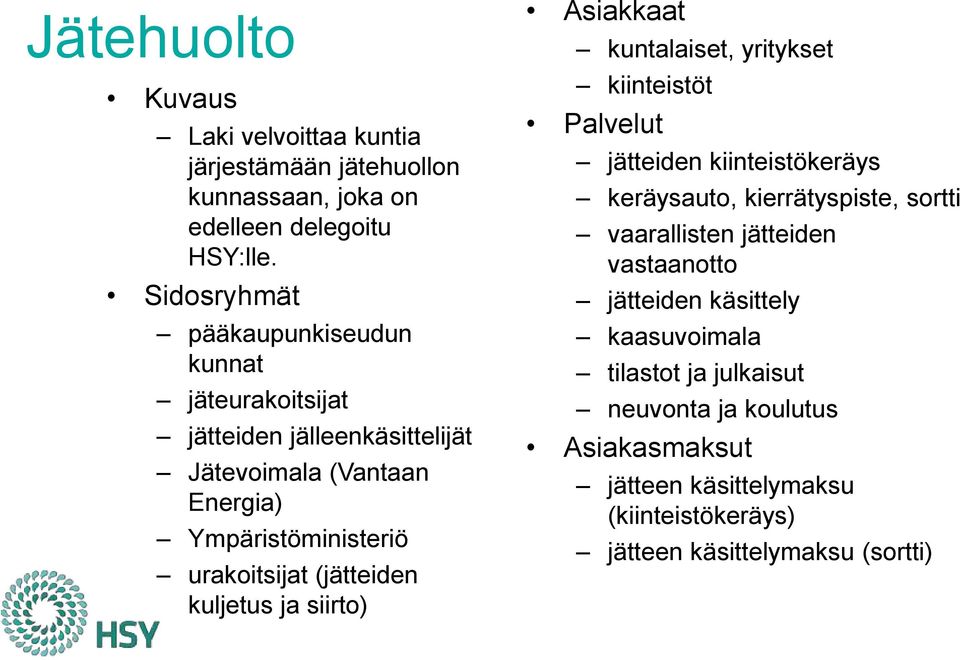 (jätteiden kuljetus ja siirto) Asiakkaat kuntalaiset, yritykset kiinteistöt Palvelut jätteiden kiinteistökeräys keräysauto, kierrätyspiste, sortti