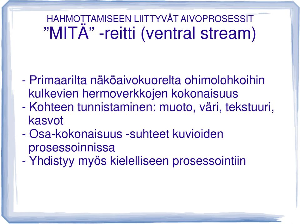 kokonaisuus - Kohteen tunnistaminen: muoto, väri, tekstuuri, kasvot -