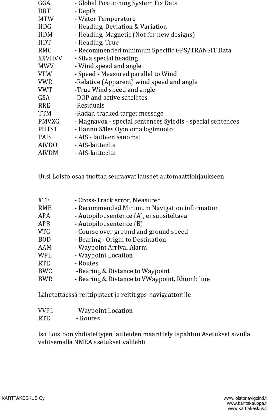 (Apparent) wind speed and angle -True Wind speed and angle -DOP and active satellites -Residuals -Radar, tracked target message - Magnavox - special sentences Syledis - special sentences - Hannu