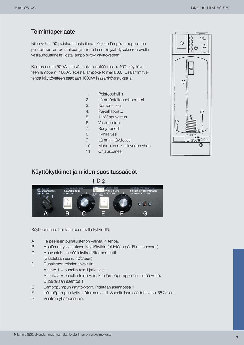 40 C käyttöveteen lämpöä n. 1800W edestä lämpökertoimella 3,6. Lisälämmitystehoa käyttöveteen saadaan 1000W lisäsähkövastuksella. 9 5 1. Poistopuhallin 2. Lämmöntalteenottopatteri 3. Kompressori 4.