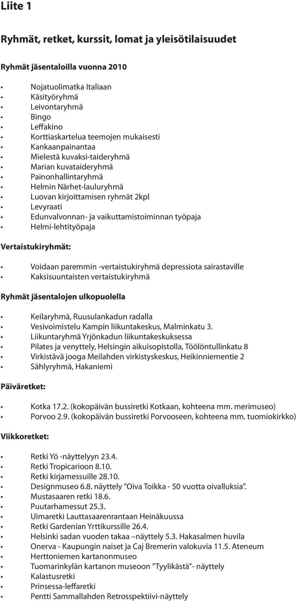 työpaja Helmi-lehtityöpaja Vertaistukiryhmät: Voidaan paremmin -vertaistukiryhmä depressiota sairastaville Kaksisuuntaisten vertaistukiryhmä Ryhmät jäsentalojen ulkopuolella Keilaryhmä, Ruusulankadun