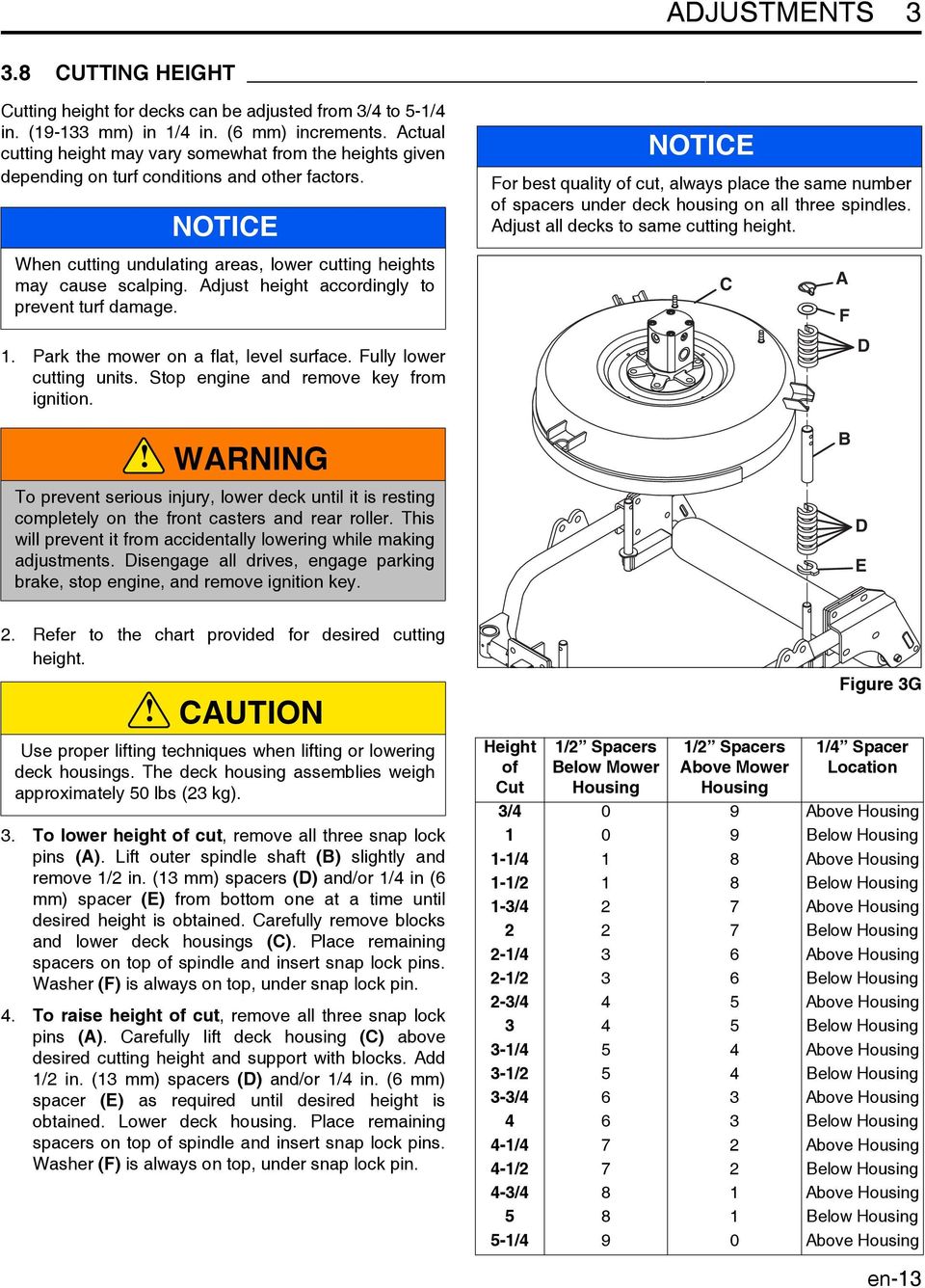 NOTICE NOTICE For best quality of cut, always place the same number of spacers under deck housing on all three spindles. Adjust all decks to same cutting height.