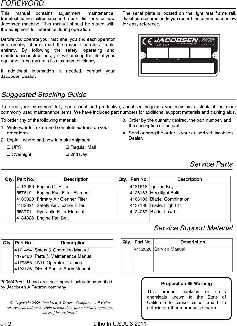 Jacobsen recommends you record these numbers below for easy reference. Before you operate your machine, you and each operator you employ should read the manual carefully in its entirety.