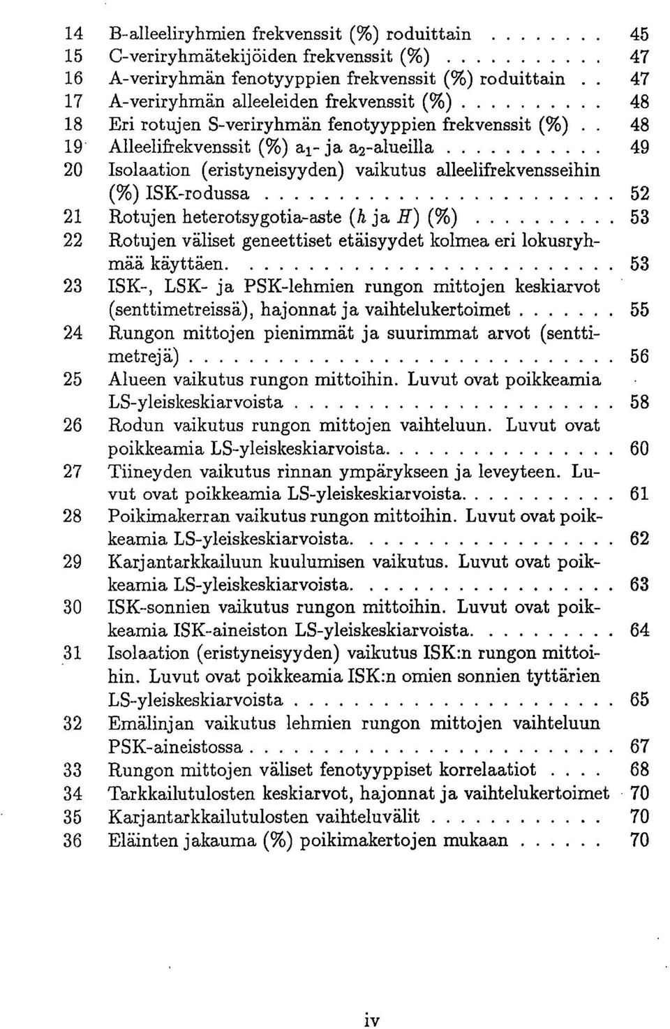 48 19 Alleelifrekvenssit (%) al- ja a2-alueilla 49 20 Isolaation (eristyneisyyden) vaikutus alleelifrekvensseihin (%) ISK-ro dussa 52 21 Rotujen heterotsygotia-aste (h ja H) (%) 53 22 Rotujen väliset