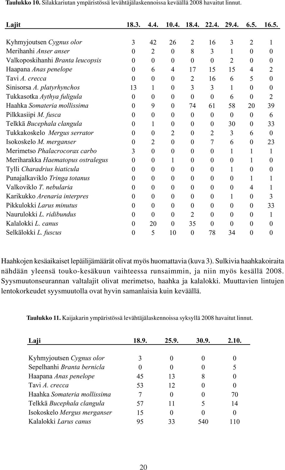 crecca 0 0 0 2 16 6 5 0 Sinisorsa A. platyrhynchos 13 1 0 3 3 1 0 0 Tukkasotka Aythya fuligula 0 0 0 0 0 6 0 2 Haahka Somateria mollissima 0 9 0 74 61 58 20 39 Pilkkasiipi M.