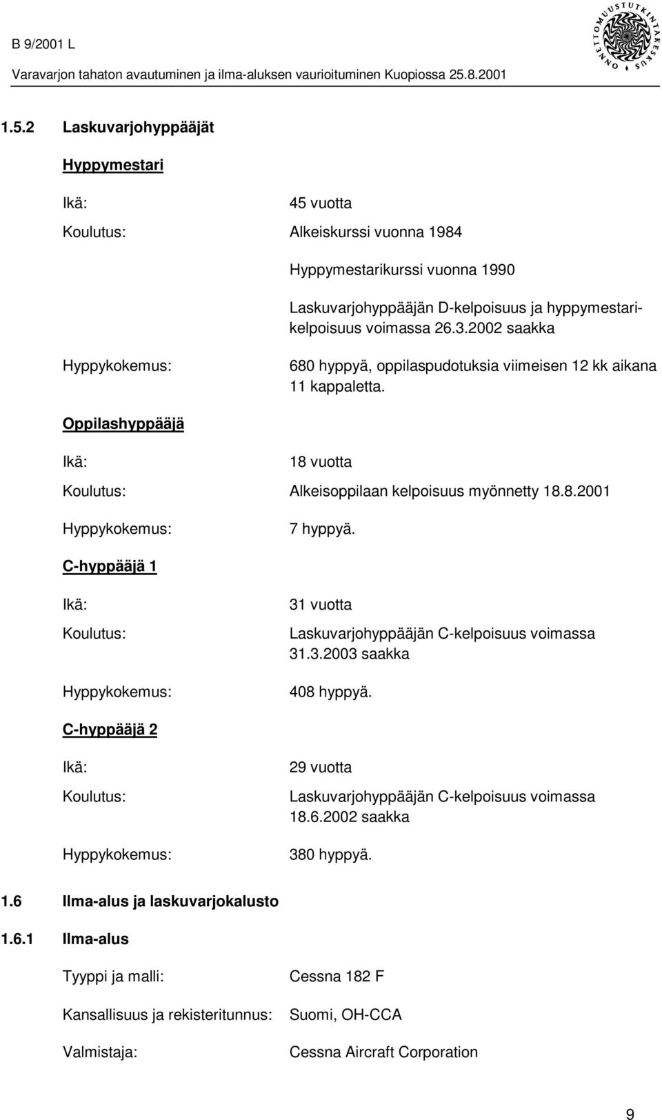 C-hyppääjä 1 Ikä: Koulutus: Hyppykokemus: 31 vuotta Laskuvarjohyppääjän C-kelpoisuus voimassa 31.3.2003 saakka 408 hyppyä.