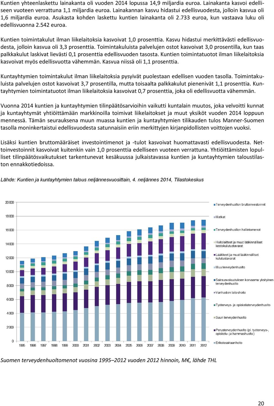 Kuntien toimintakulut ilman liikelaitoksia kasvoivat 1,0 prosenttia. Kasvu hidastui merkittävästi edellisvuodesta, jolloin kasvua oli 3,3 prosenttia.