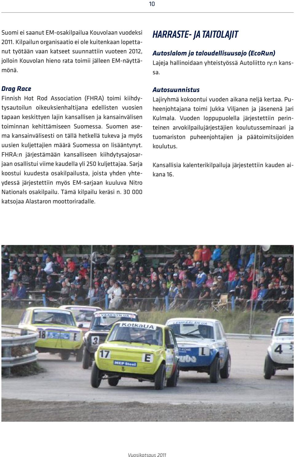 Drag Race Finnish Hot Rod Association (FHRA) toimi kiihdytysautoilun oikeuksienhaltijana edellisten vuosien tapaan keskittyen lajin kansallisen ja kansainvälisen toiminnan kehittämiseen Suomessa.