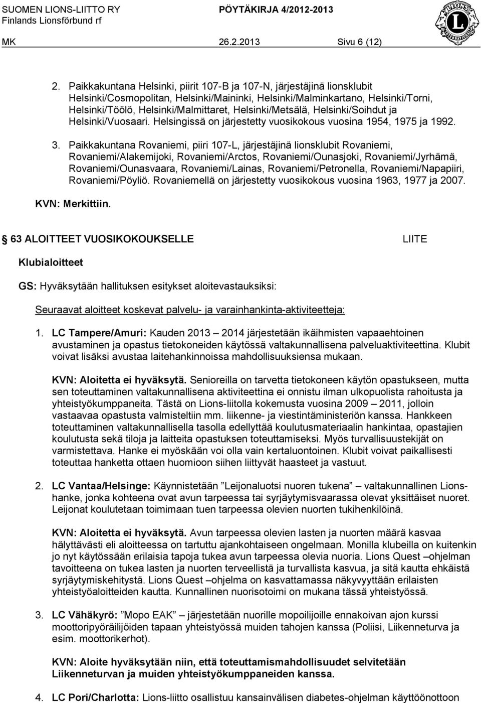 Helsinki/Metsälä, Helsinki/Soihdut ja Helsinki/Vuosaari. Helsingissä on järjestetty vuosikokous vuosina 1954, 1975 ja 1992. 3.