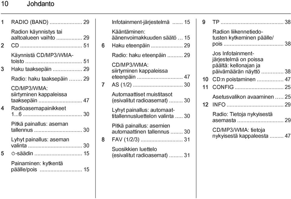 .. 15 Painaminen: kytkentä päälle/pois... 15 Infotainment-järjestelmä... 15 Kääntäminen: äänenvoimakkuuden säätö... 15 6 Haku eteenpäin... 29 Radio: haku eteenpäin.