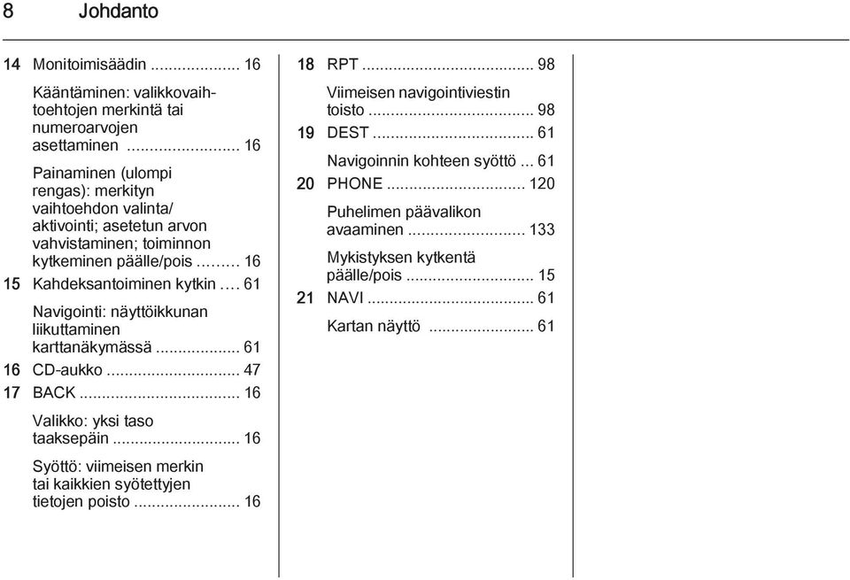 .. 61 Navigointi: näyttöikkunan liikuttaminen karttanäkymässä... 61 16 CD-aukko... 47 17 BACK... 16 Valikko: yksi taso taaksepäin.