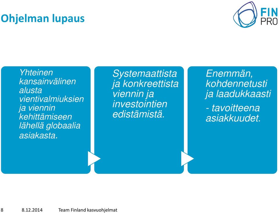 Systemaattista ja konkreettista viennin ja investointien edistämistä.