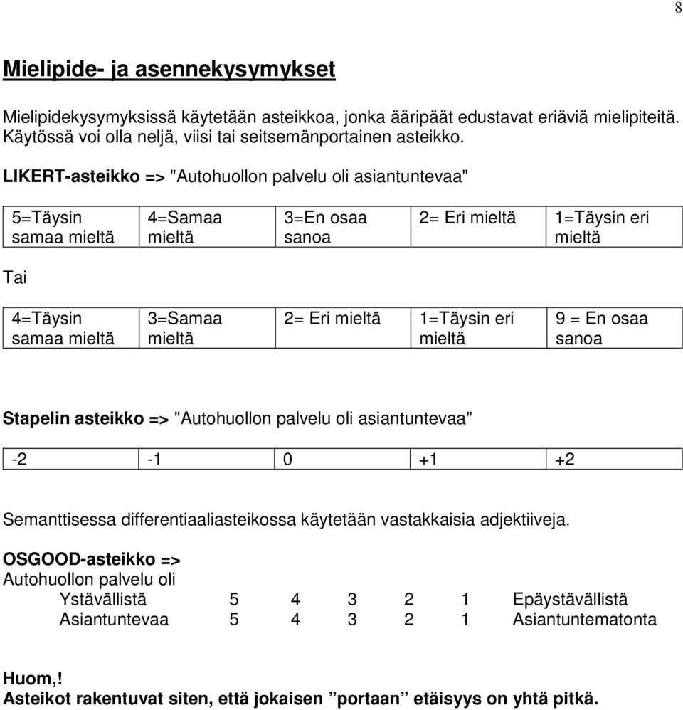 mieltä 1=Täysin eri mieltä 9 = En osaa sanoa Stapelin asteikko => "Autohuollon palvelu oli asiantuntevaa" -2-1 0 +1 +2 Semanttisessa differentiaaliasteikossa käytetään vastakkaisia adjektiiveja.