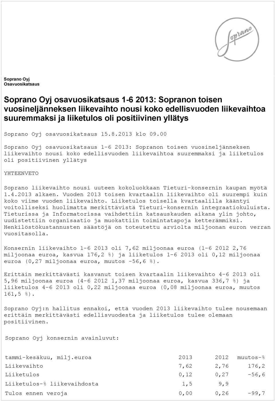 00 Soprano Oyj osavuosikatsaus 1-6 2013: Sopranon toisen vuosineljänneksen liikevaihto nousi koko edellisvuoden liikevaihtoa suuremmaksi ja liiketulos oli positiivinen yllätys YHTEENVETO Soprano