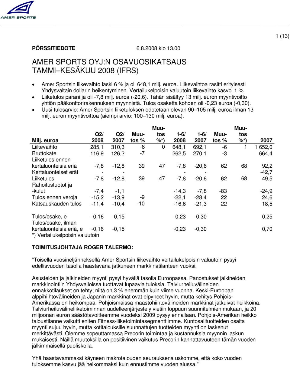 euron myyntivoitto yhtiön pääkonttorirakennuksen myynnistä. Tulos osaketta kohden oli -0,23 euroa (-0,30). Uusi tulosarvio: Amer Sportsin liiketuloksen odotetaan olevan 90 105 milj.