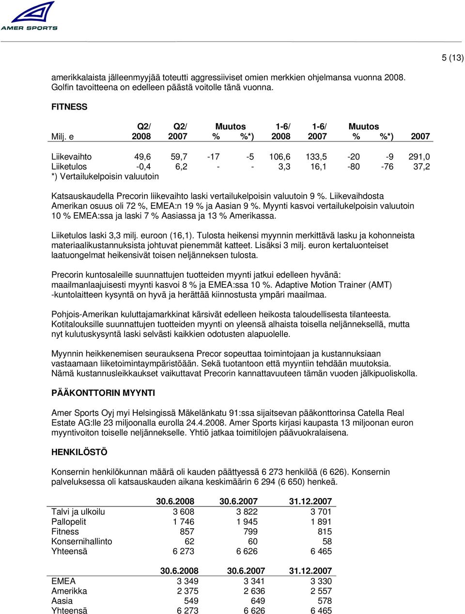 vertailukelpoisin valuutoin 9 %. Liikevaihdosta Amerikan osuus oli 72 %, EMEA:n 19 % ja Aasian 9 %. Myynti kasvoi vertailukelpoisin valuutoin 10 % EMEA:ssa ja laski 7 % Aasiassa ja 13 % Amerikassa.