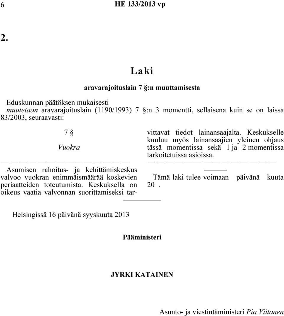 83/2003, seuraavasti: 7 Helsingissä 16 päivänä syyskuuta 2013 Asumisen rahoitus- ja kehittämiskeskus valvoo vuokran enimmäismäärää koskevien periaatteiden toteutumista.