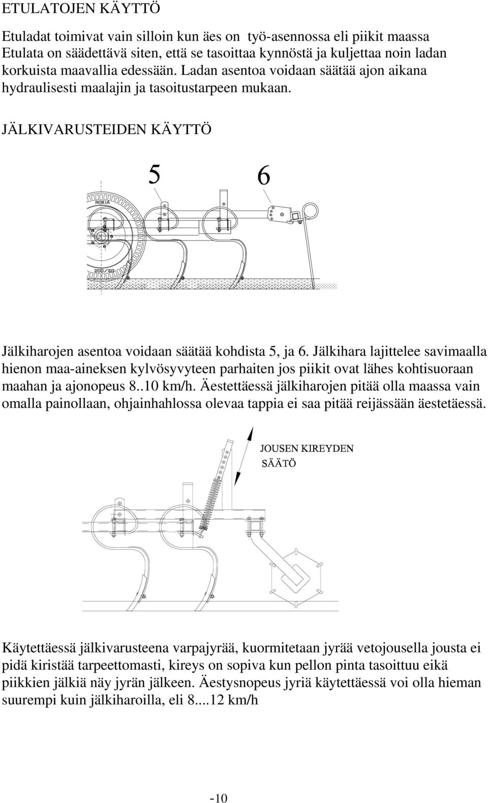 Jälkihara lajittelee savimaalla hienon maa-aineksen kylvösyvyteen parhaiten jos piikit ovat lähes kohtisuoraan maahan ja ajonopeus 8..10 km/h.