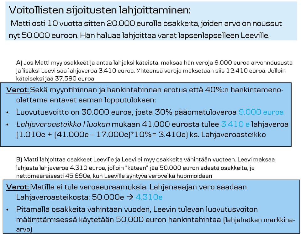 590 euroa Verot: Sekä myyntihinnan ja hankintahinnan erotus että 40%:n hankintamenoolettama antavat saman lopputuloksen: Luovutusvoitto on 30.000 euroa, josta 30% pääomatuloveroa 9.