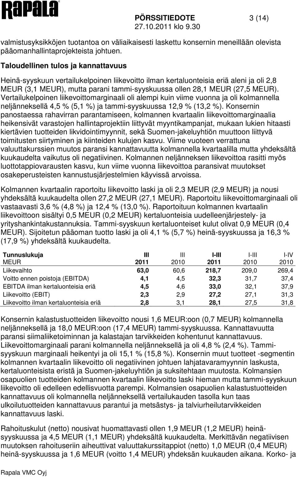 Vertailukelpoinen liikevoittomarginaali oli alempi kuin viime vuonna ja oli kolmannella neljänneksellä 4,5 % (5,1 %) ja tammi-syyskuussa 12,9 % (13,2 %).