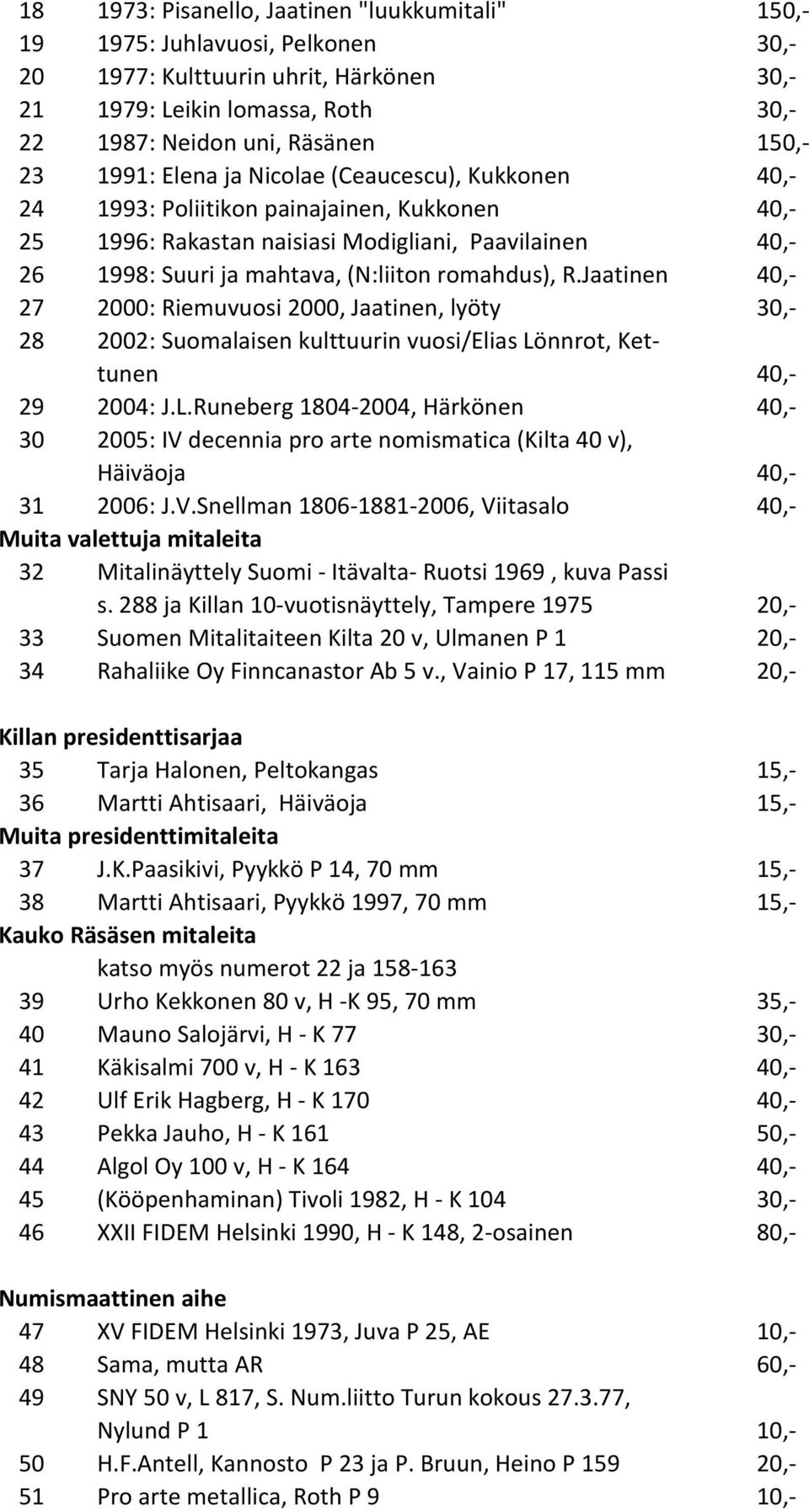 romahdus), R.Jaatinen 40,- 27 2000: Riemuvuosi 2000, Jaatinen, lyöty 30,- 28 2002: Suomalaisen kulttuurin vuosi/elias Lö